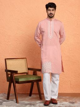 KRAFT INDIA LUXE - Cotton Silk Yoke Design Embroidered Pink Kurta