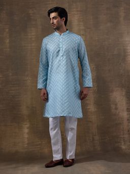 SATWAA - Refined Blue Ethnic Motifs Floral Printed Men Kurta