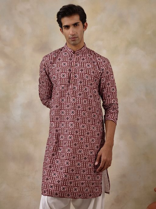 SATWAA Radiant Maroon Batik Geometric Printed Men Kurta