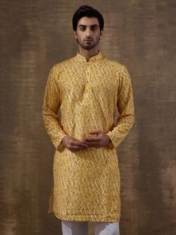 SATWAA - Sunshine Yellow Geometric Printed Men Kurta