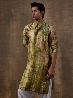 SATWAA - Mehendi Green Batik Printed Men Kurta