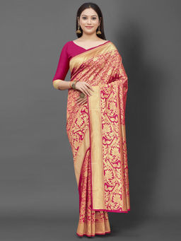 Akhilam - Womens Silk Blend Pink Woven Design Celebrity Saree with Unstitched Blouse