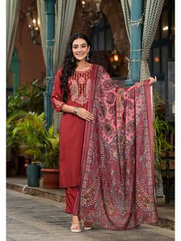 Juniper - Red Thread Embroidered Kurta with Pant and Dupatta (Set of 3)