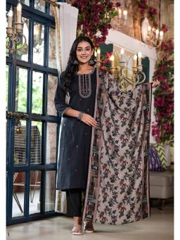 Juniper - Black Embroidered Kurta with Pant and Printed Dupatta (Set of 3)