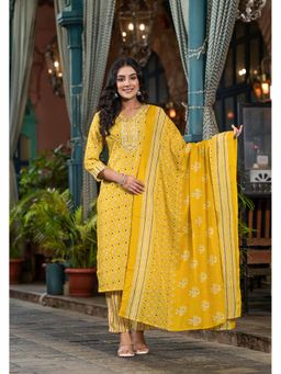 Juniper - Yellow Printed Embroidered Kurta with Pant and Dupatta (Set of 3)