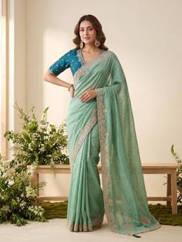 Koskii - Sea Green Soft Raw Silk Thread Work Saree with Matching Blouse Piece