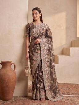 Koskii - Green Tissue Thread Work Saree with Matching Blouse Piece