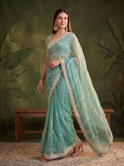 Koskii - Sea Green Georgette Thread Work Saree with Matching Blouse Piece