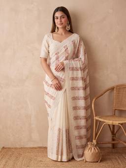 Koskii - Off White Cotton Thread Work Saree with Matching Blouse Piece