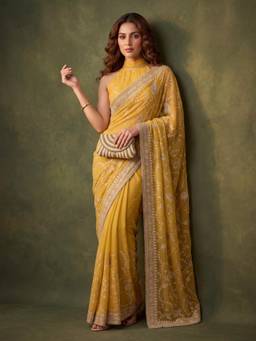 Koskii - Mustard Tissue Gold Zari Work Saree with Matching Blouse Piece
