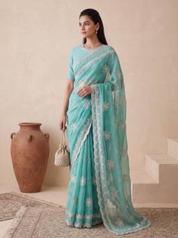 Koskii - Sea Green Georgette Thread Work Saree with Matching Blouse Piece