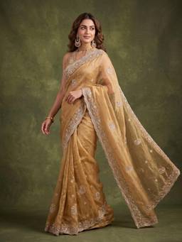 Koskii - Gold Tissue Thread Work Saree with Matching Blouse Piece