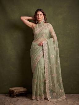 Koskii - Sea Green Tissue Thread Work Saree with Matching Blouse Piece