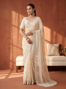 Koskii - Off White Georgette Thread Work Saree with Matching Blouse Piece