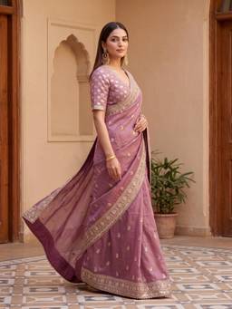 Koskii - Dark Lavender Tissue Sequins Saree with Matching Blouse Piece