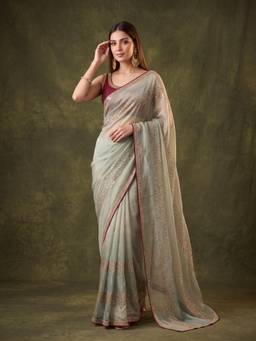 Koskii - Sea Green Tissue Swarovski Saree with Matching Blouse Piece