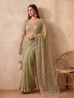 Koskii - Pista Green Tissue Thread Work Saree with Matching Blouse Piece