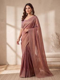 Koskii - Copper Satin Gold Stone Work Saree with Matching Blouse Piece
