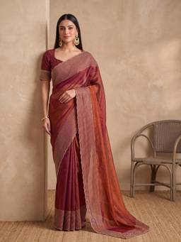 Koskii - Rust Tissue Gold Stone Work Saree with Matching Blouse Piece