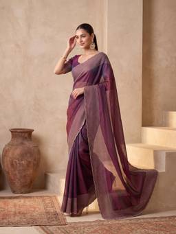 Koskii - Wine Tissue Gold Stone Work Saree with Matching Blouse Piece