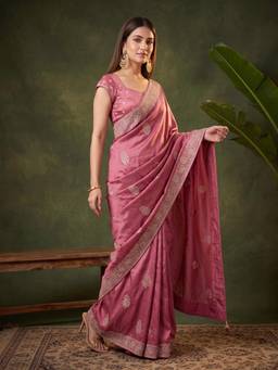 Koskii - Onion Pink Crepe Gold Zari Work Saree with Matching Blouse Piece