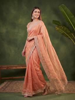 Koskii - Peach Tissue Gold Zari Work Saree with Matching Blouse Piece