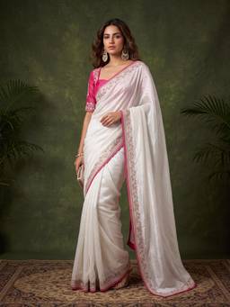Koskii - Off White Tissue Thread Work Saree with Matching Blouse Piece