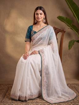 Koskii - Off White Tissue Thread Work Saree with Matching Blouse Piece