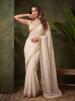 Koskii - Off White Chanderi Gold Zari Work Saree with Matching Blouse Piece