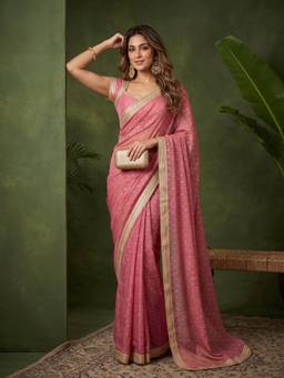 Koskii - Onion Pink Chanderi Gold Zari Work Saree with Matching Blouse Piece
