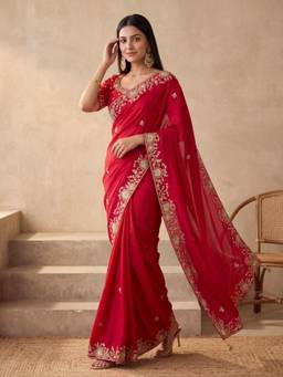 Koskii - Red Satin Cording Saree with Matching Blouse Piece