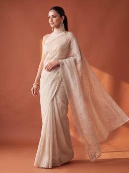 Koskii - Off White Tissue Gold Stone Work Saree with Matching Blouse Piece