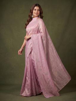 Koskii - Onion Pink Tissue Gold Stone Work Saree with Matching Blouse Piece