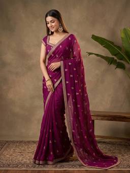 Koskii - Wine Tissue Gold Zari Work Saree with Matching Blouse Piece