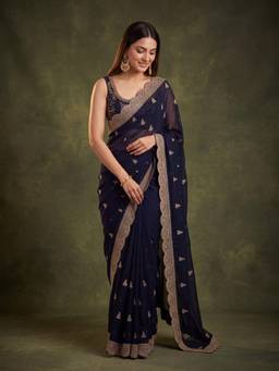 Koskii - Navy Blue Georgette Gold Zari Work Saree with Matching Blouse Piece