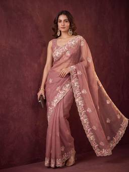 Koskii - Pink Crepe Sequins Saree with Matching Blouse Piece