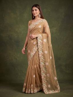 Koskii - Mustard Satin Gold Zari Work Saree with Matching Blouse Piece