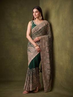 Koskii - Bottle Green Georgette Kashmiri Saree with Matching Blouse Piece