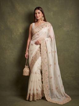 Koskii - Off White Tissue Thread Work Saree with Matching Blouse Piece