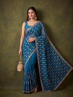 Koskii - Peacock Blue Tissue Sequins Saree with Matching Blouse Piece