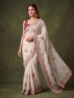 Koskii - Off White Tissue Gold Stone Work Saree with Matching Blouse Piece