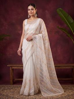 Koskii - Off White Tissue Thread Work Saree with Matching Blouse Piece