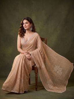 Koskii - Gold Tissue Gold Stone Work Saree with Matching Blouse Piece