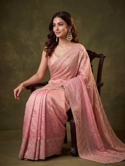 Koskii - Pink Tissue Gold Stone Work Saree with Matching Blouse Piece