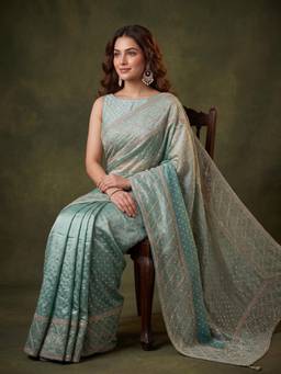 Koskii - Sea Green Tissue Gold Stone Work Saree with Matching Blouse Piece