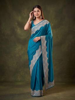 Koskii - Peacock Blue Chinon Gold Zari Work Saree with Matching Blouse Piece