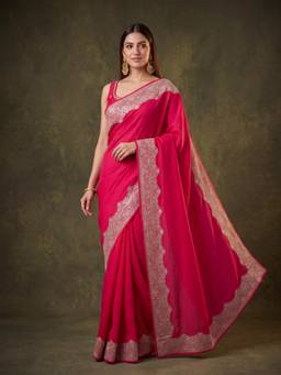 Koskii - Pink Chinon Gold Zari Work Saree with Matching Blouse Piece