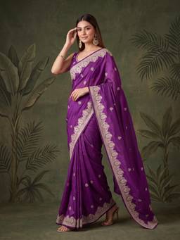 Koskii - Purple Chinon Gold Zari Work Saree with Matching Blouse Piece