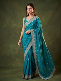 Koskii - Turquoise Chinon Gold Zari Work Saree with Matching Blouse Piece