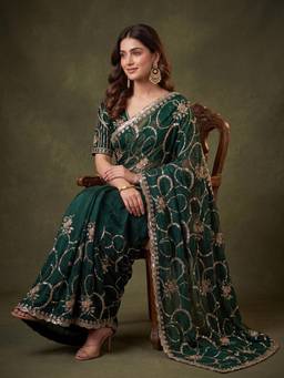 Koskii - Bottle Green Tissue Cut Dana Saree with Matching Blouse Piece